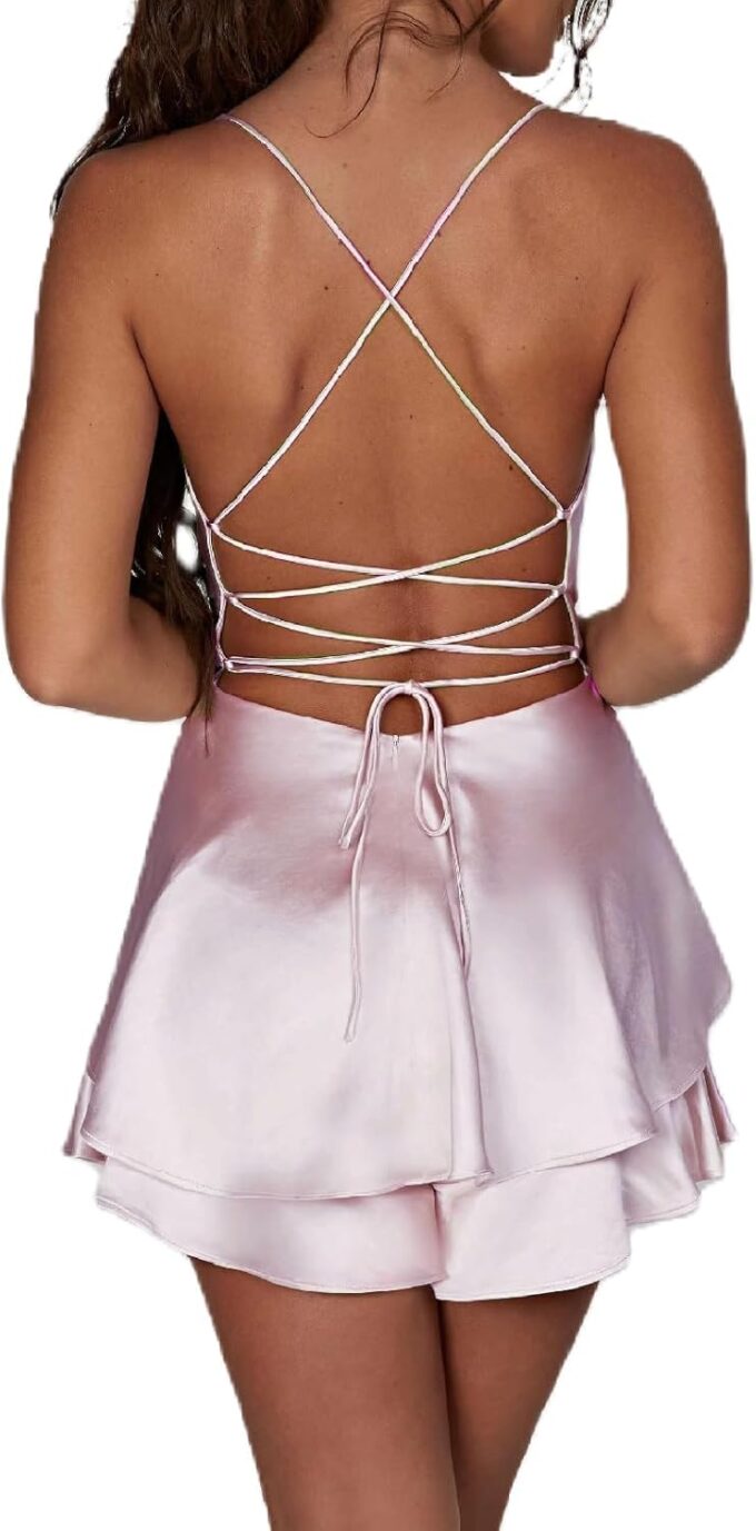 Women's Sexy Satin Mini Dress Sleeveless Tie Backless Cowl Neck Cocktail Party Silk Mini Cami Dress – Bild 4