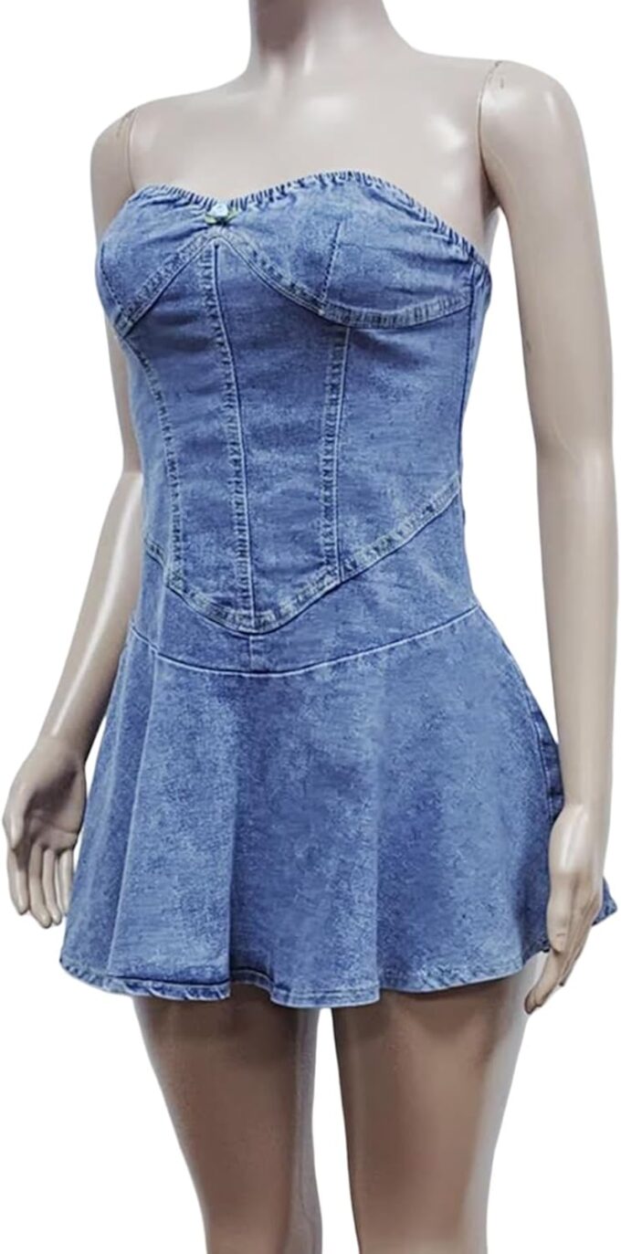Famnbro Womens Denim Dress Strapless Off Shoulder Sexy Backless Tube Mini Jean Corset Dresses Clubwear – Bild 5