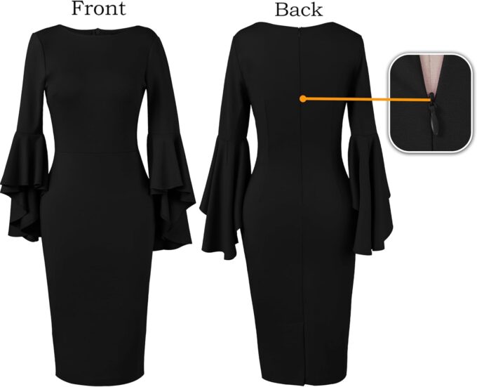 VFSHOW Damen-Bleistiftkleid mit Rüschen, Glockenärmel, Business, Cocktailparty, figurbetontes Bleistiftkleid – Bild 5