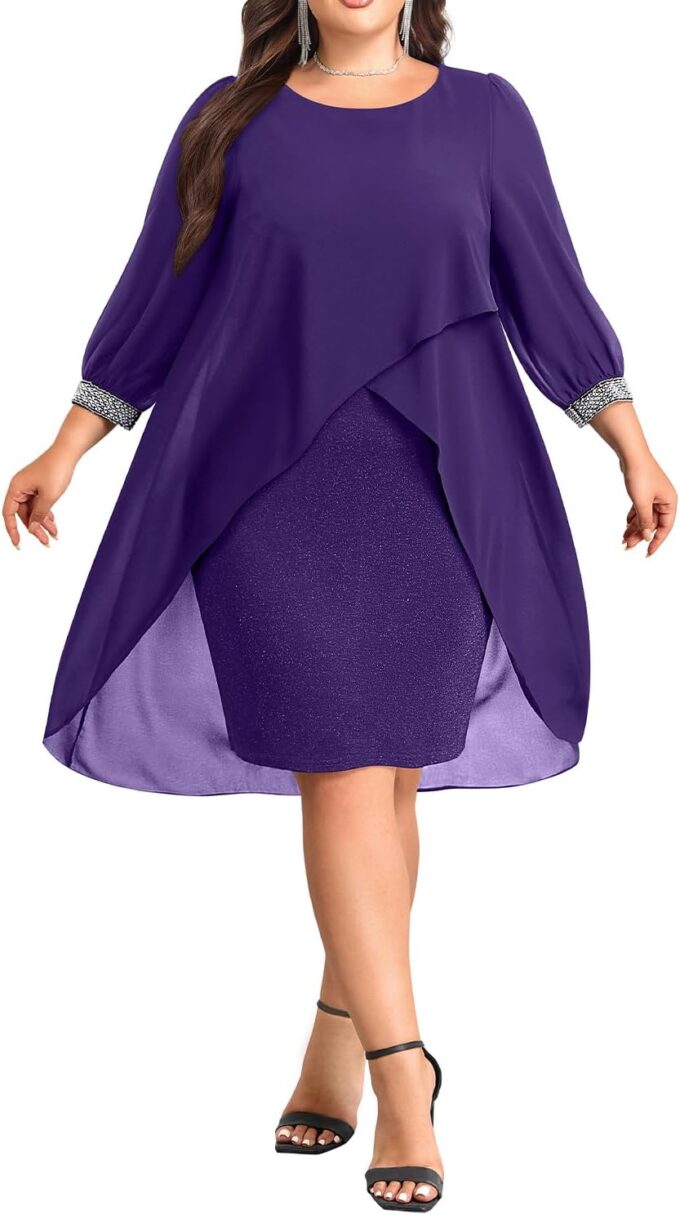 Plus Size Cocktail Dress - Elegant Chiffon Cape 3/4 Sleeves Glitter Evening Party Wedding Guest Dresses Women Formal
