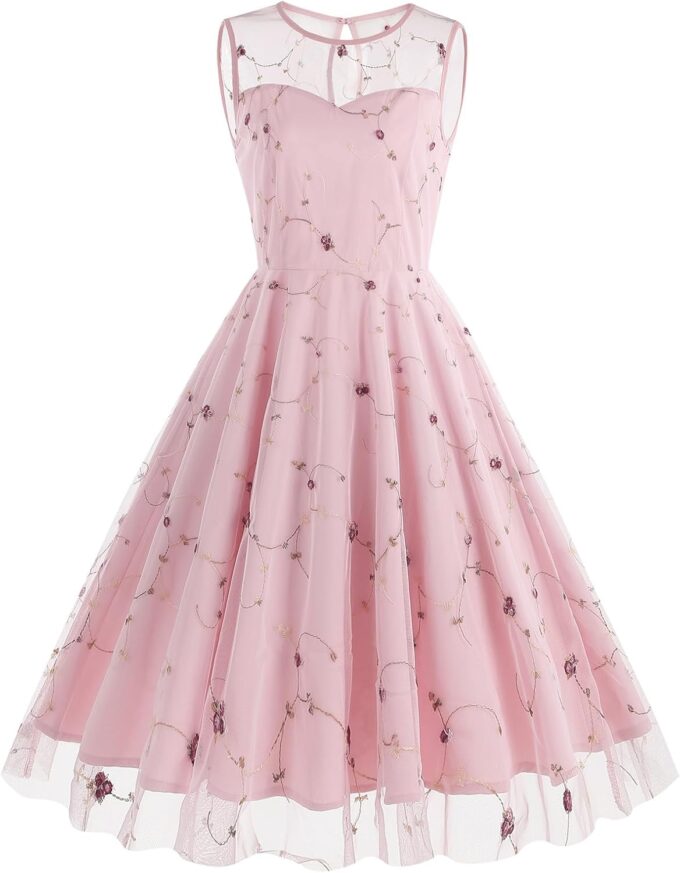 1950s Dresses for Women Vintage Floral Embroidery Mesh Dress Sleeveless Round Neck Swing Dress