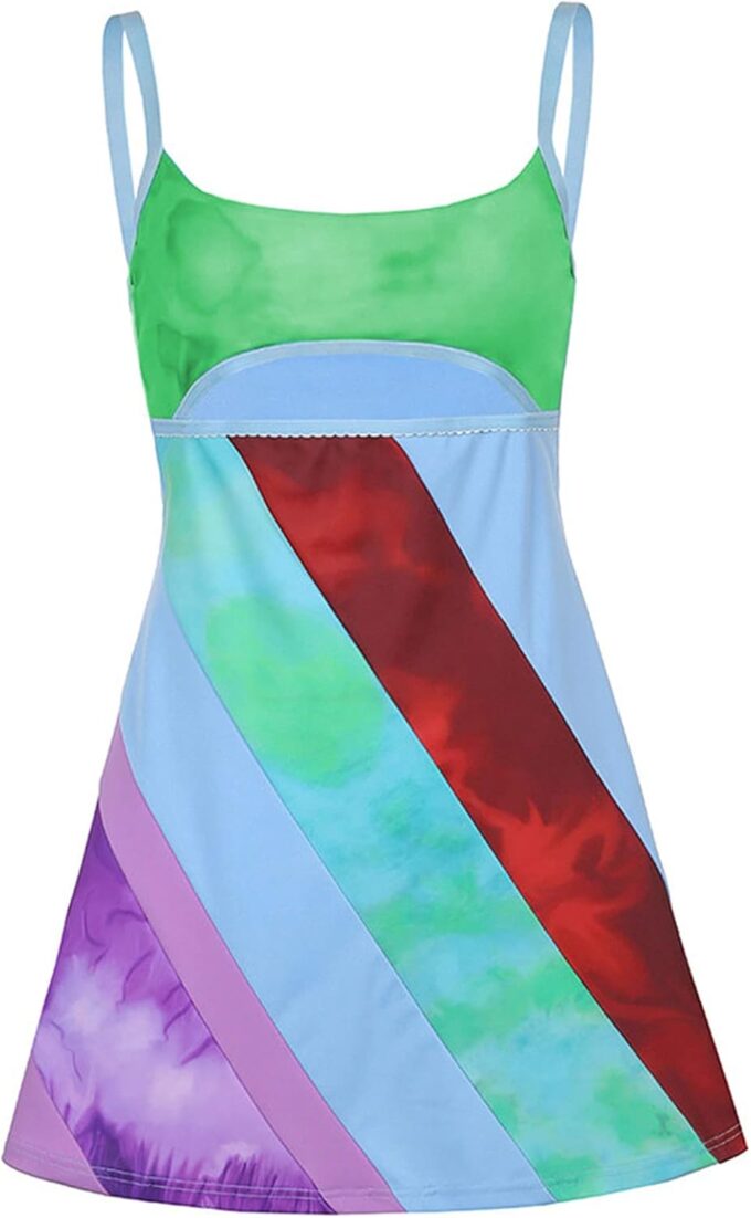 Women’s Bodycon Mini Dress Y2K Halter Backless Sundress Slim Fit Sleeveless Patchwork Printing Streetwear – Bild 4