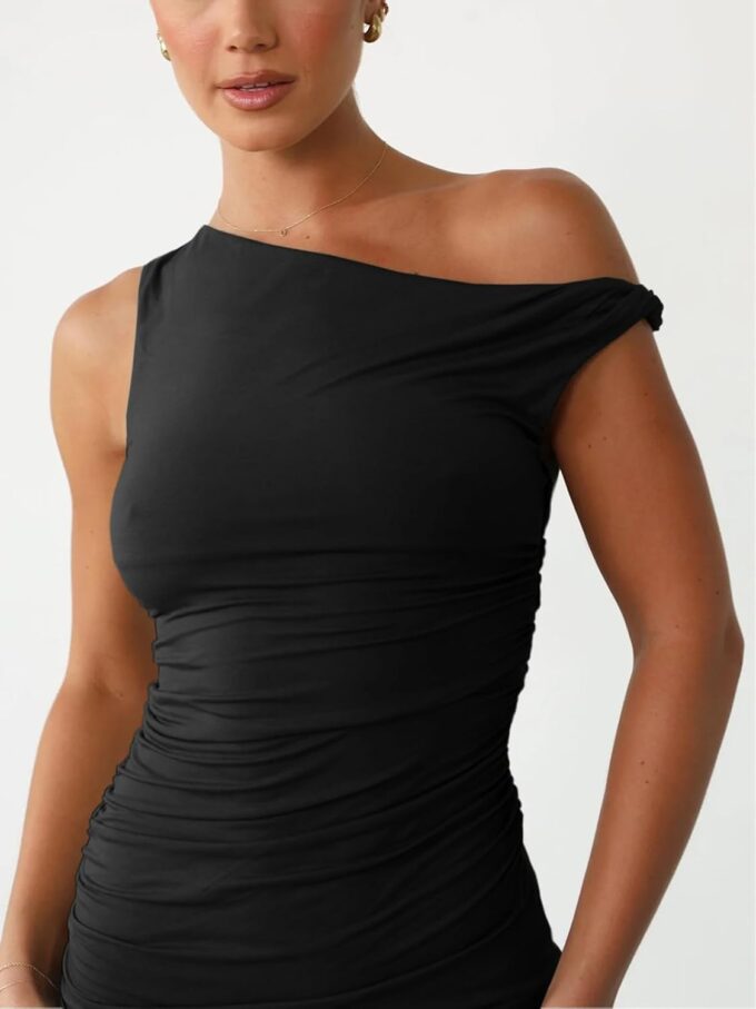 Ekaliy Women's Sexy Ruched Mini Bodycon Dress Off Shoulder Sleeveless Cocktail Short Dresses – Bild 2