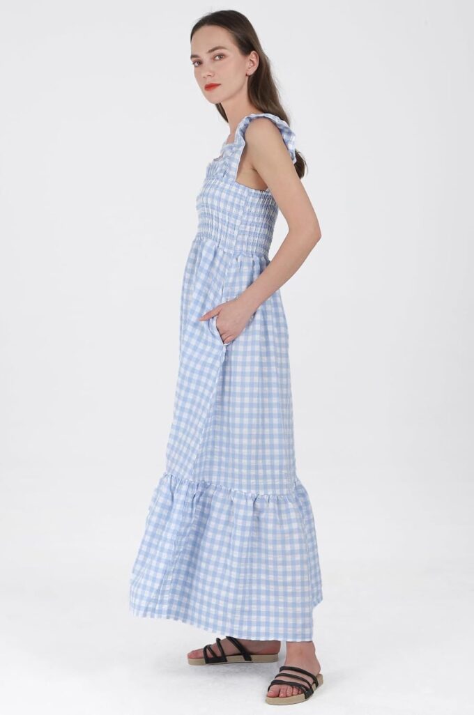 Women's Sleeveless Strap Retro Plaid A-Line Smocked Maxi Long Dress with Ruffled Hem – Bild 3