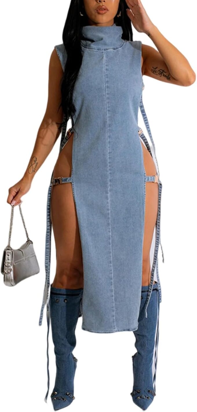 Women Distressed Boyfriend Denim Dress Casual Sleeveless Jean Dress Cute Cowgirl Summer Outfits