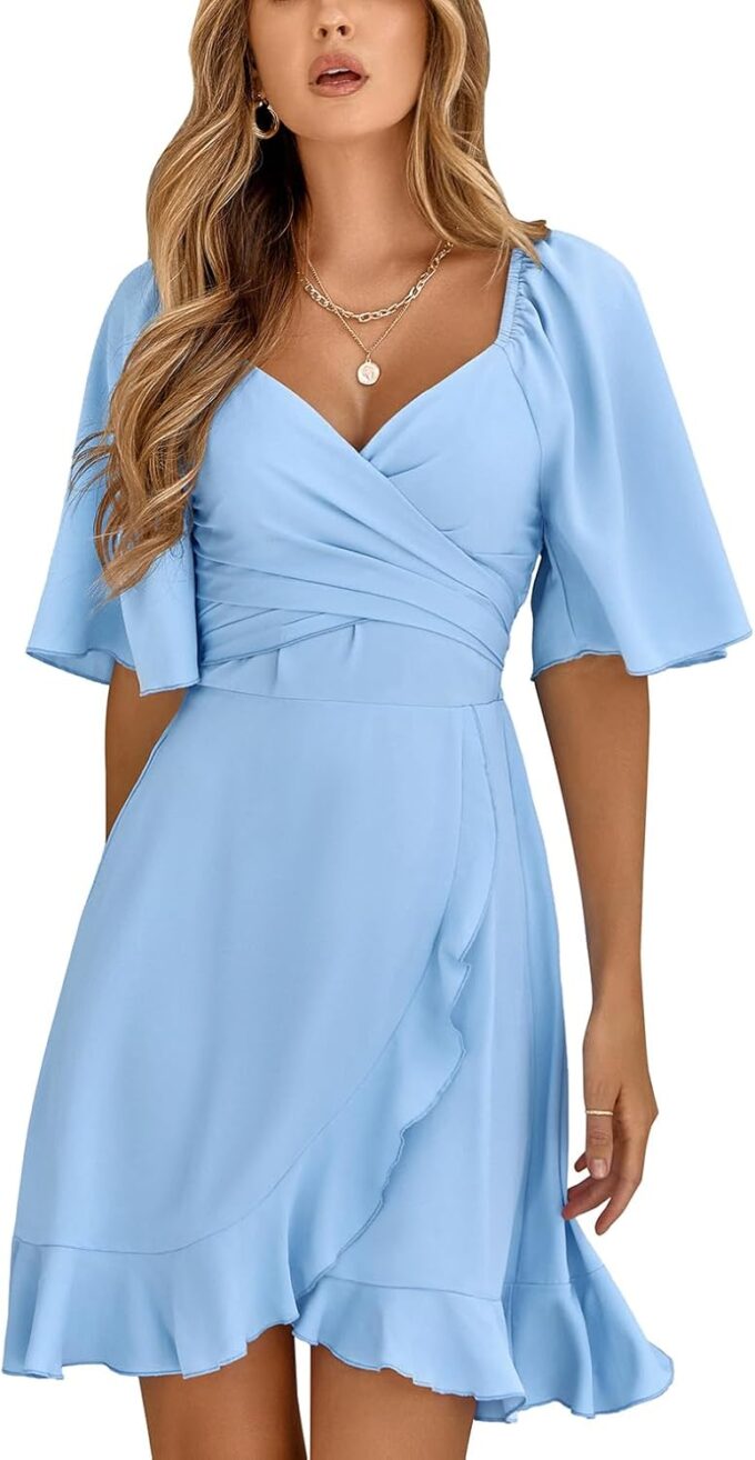 Plustrong Womens Summer Wrap V Neck Mini Cocktail Dress Flare Short Sleeve Ruffle Hem Wedding Guest Dress