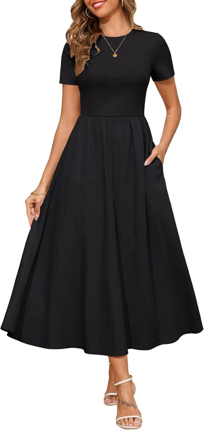 Annebouti Womens 2025 Summer Spring Maxi Dress Trendy Elegant Short Sleeve Cotton Top Casual Long Dress with Pockets