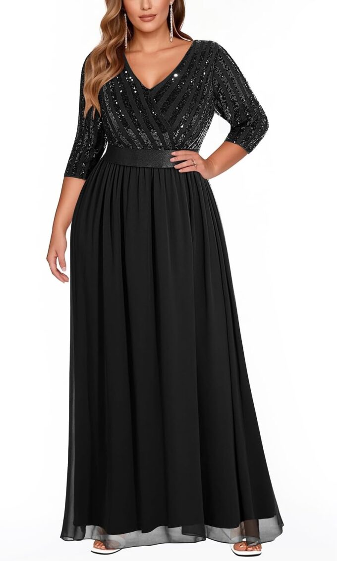 Womens Plus Size Formal Dresses - V Neck 3/4 Sleeve Sequin Prom Evening Gowns Long Maxi Dress – Bild 2