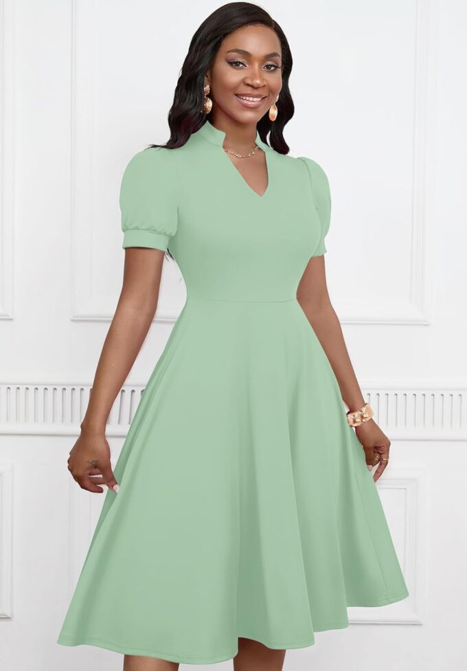Womens Short Puff Sleeve V Neck Casual Semi-Formal Cocktail Party A-Line Dress – Bild 2