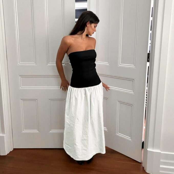 YOXUA Women's Summer Strapless Sleeveless Patchwork A-Line Tube Long Maxi Dress Off Shoulder Beach Maxi Dress – Bild 5