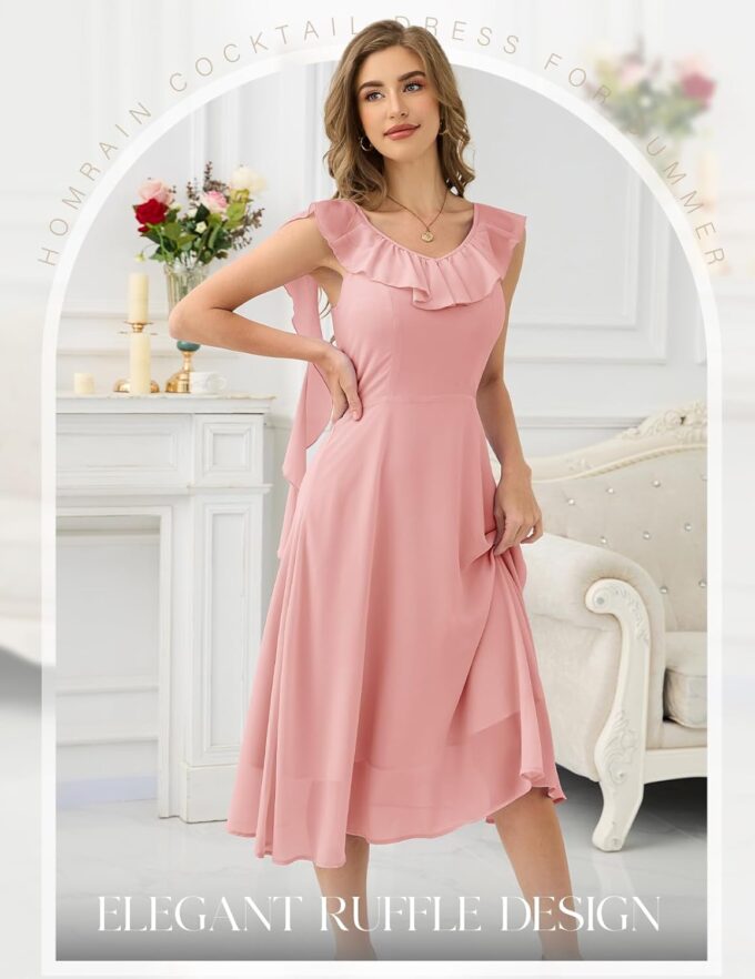 HomRain Formal Dress Spring Collection Church Pink Blush Ruffle Dresses for Women 2025 Elegant Ruffle Midi Gown for Party Blush XL – Bild 7