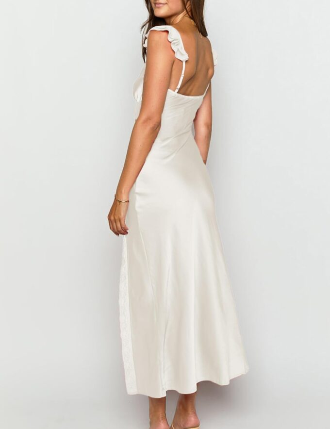 Summer Satin Lace Spaghetti Strap Midi Dress for Wedding Guest Silk Sleeveless V Neck Slit Ruffled Maxi Dress for Women – Bild 2