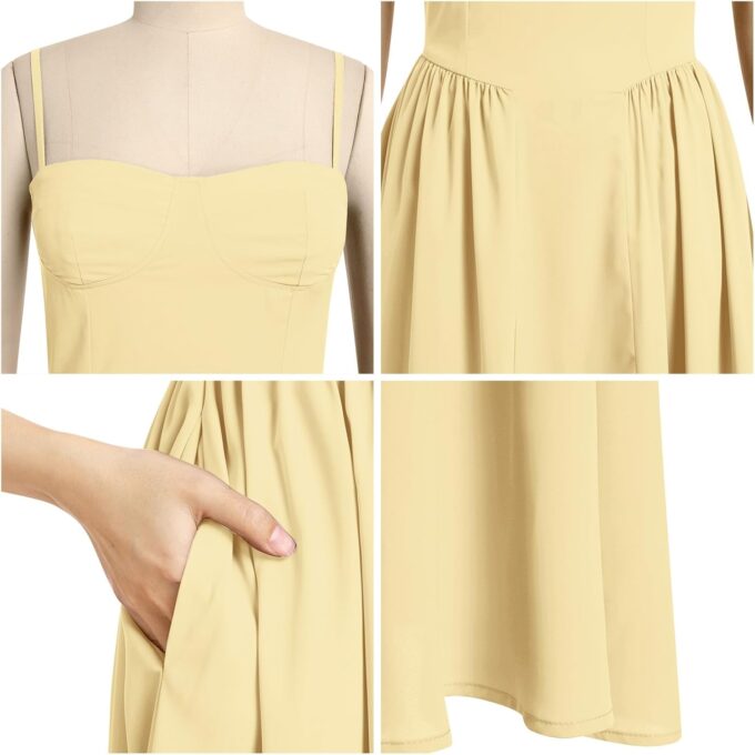 Women Floral Corset Dress Boho Spaghetti Strap Lace Up Casual Midi Dresses with Pockets Low Cut Flowy Bustier Sundress – Bild 6