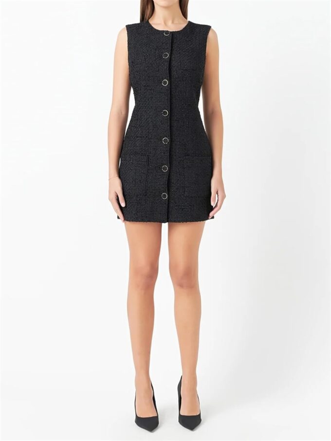 Tweed Dress Woman Sleeveless Bodycon Jackie O Dresses Crew Neck Elegant Button Down Mini Dress – Bild 6