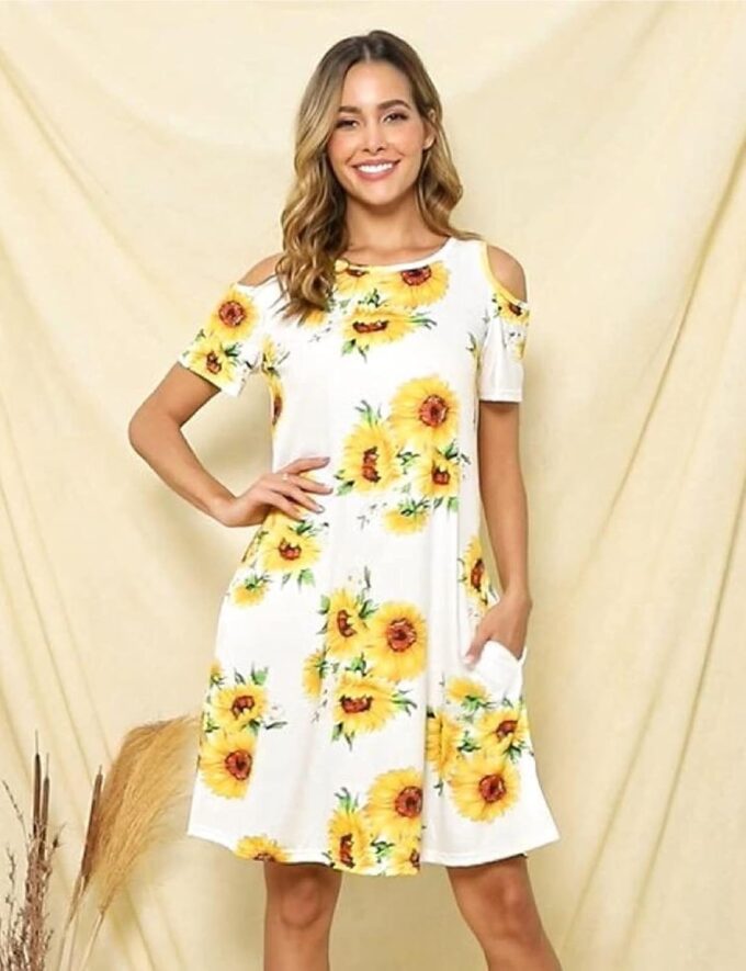 Misyula Style Womens Summer Cold Shoulder Floral Flowy T-Shirt Dress with Pockets – Bild 2