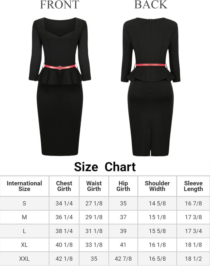 Hobemty Damen Schößchen Bleistift Kleid Sweetheart Neck Gürtel 3/4 Ärmel Etuikleider – Bild 5