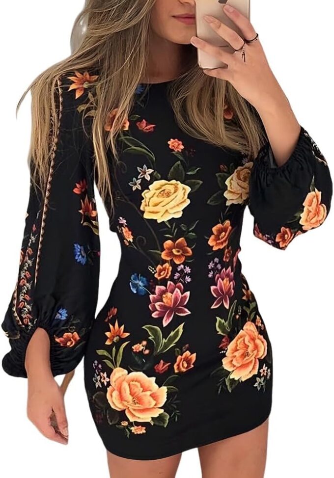 Women's Floral Print Bodycon Dress Lantern Long Sleeve Round Neck Waist Cutout Guest Cocktail Midi Dresses