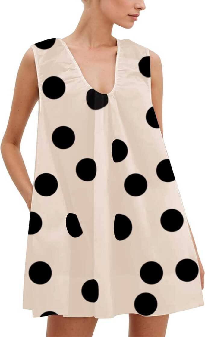 Meladyan Women's Polka Dot Babydoll Mini Dress Scoop Neck Sleeveless Summer Tank Dresses with Pockets