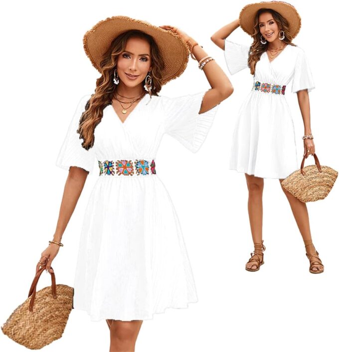 2025 Casual Short Summer Bohemian Dresses for Women Casual Flowy Puff Sleeve Knee Length Midi Sun Dress – Bild 3