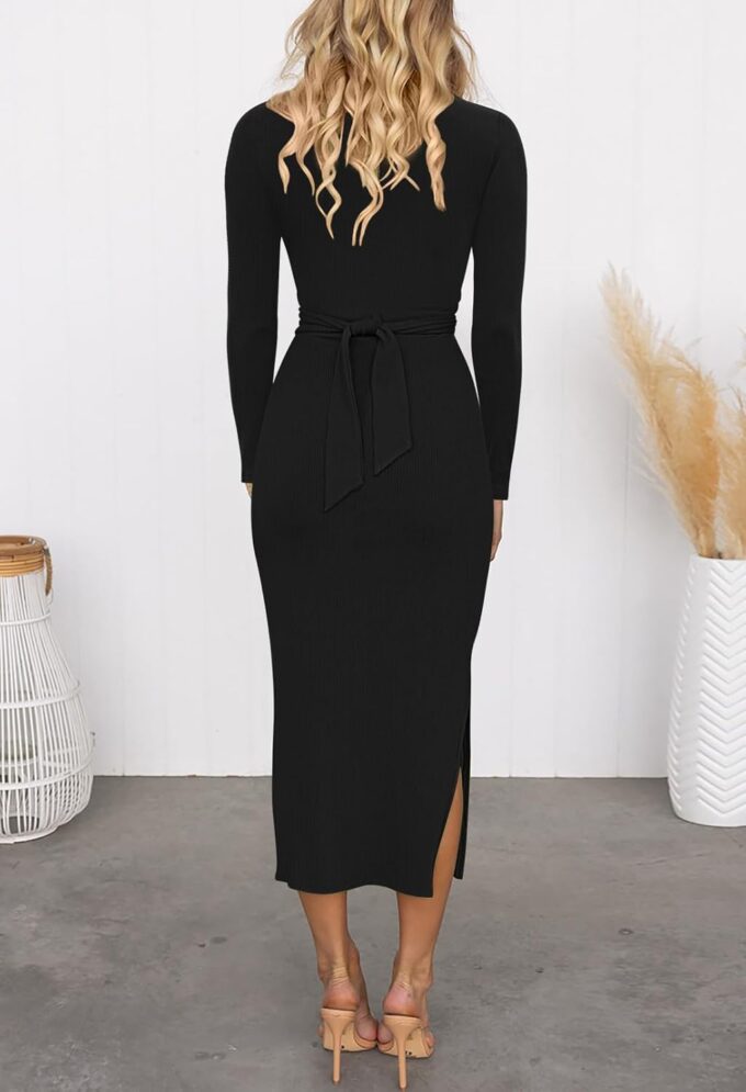 HUUSA Women's Long Sleeve Cutout Bodycon Dress Sexy Crewneck Twist Knot Ruched Slit Slim Fitted Ribbed Knit Midi Dresses – Bild 4