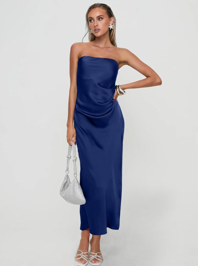 DAAWENXI Women's Summer Sexy Strapless Satin Tube Bodycon Midi Dress Side Slit Cocktail Party Long Dresses – Bild 3