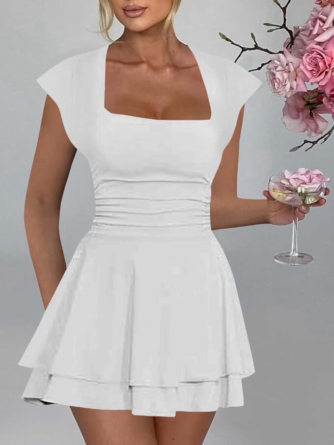 Neyaolk Women's Cap Sleeve Square Neck Ruffle Hem Mini Dress Ruched Waist Short Cocktail Party Dresses – Bild 5