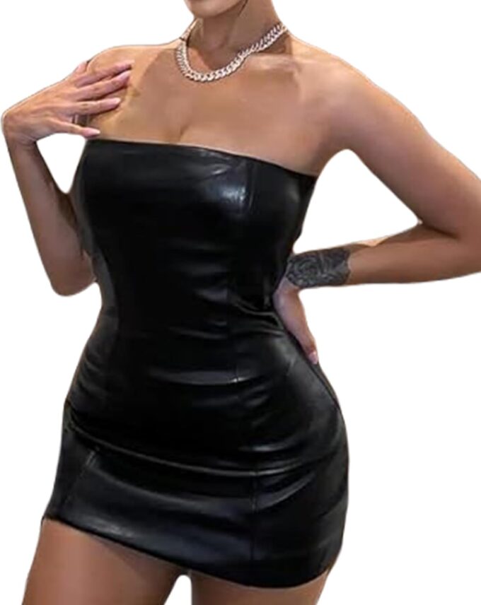 Women's Off Shoulder Faux Leather PU Strapless Tube Top Sexy Bodycon Mini Club Party Outfits Date Night Dresses