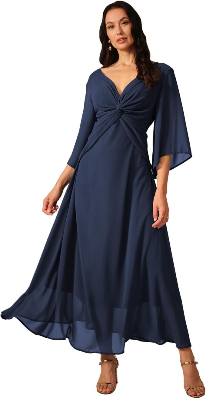 Women's Formal Cocktail Wedding Guest V Neck Long Chiffon Maxi Dresses A-Line 3/4 Sleeve Elegant Bridesmaids Dress