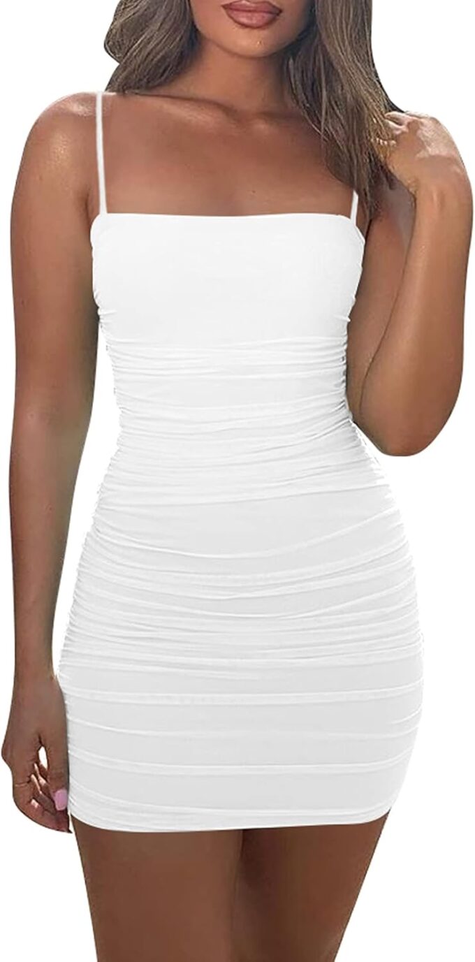 Mizoci Women's Sexy Sleeveless Ruched Spaghetti Strap Bodycon Mini Club Party Dress