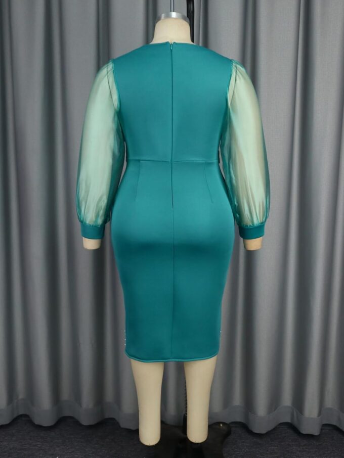 AOMEI Damen V-Ausschnitt Perlen Tüll Langarm Tulpen Saum Wickelkleid Gürtel Schnalle Etuikleid Büro Urlaub Party Kleider – Bild 7