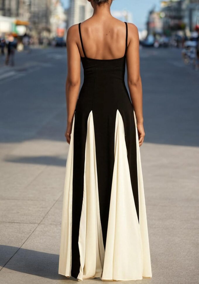 Womens Elegant Sleeveless Color Block Pleated Maxi Dress Patchwork Swing Formal Party Prom Flowy Long Dress – Bild 5