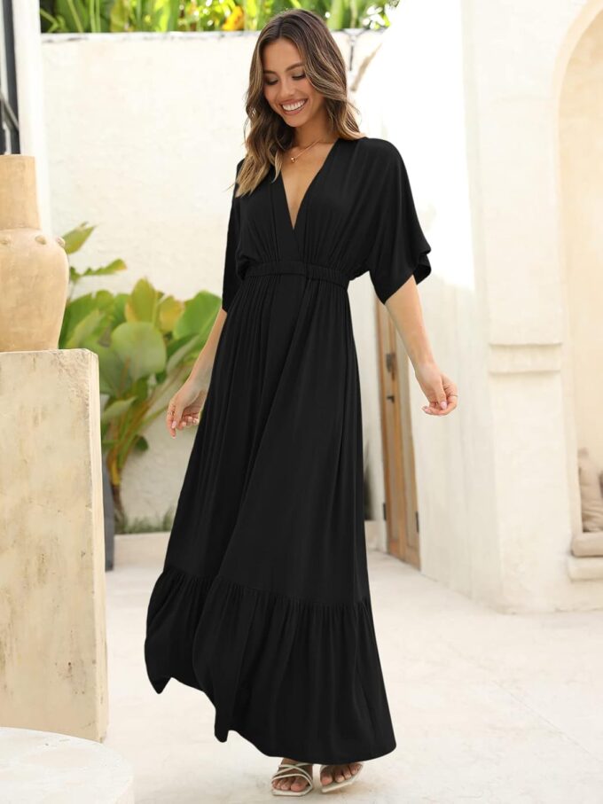 DEEP SELF Women’s Summer V Neck Batwing Short Sleeve Maxi Dress Casual Loose High Waist Flowy Long Beach Dress – Bild 5