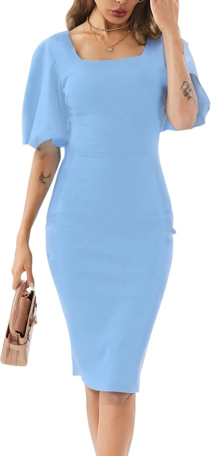 Womens Summer Dresses Square Neck Lantern Sleeve Bodycon Pencil Midi Dress