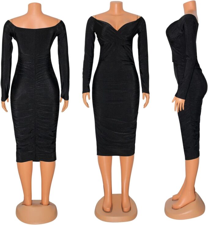 Uni Clau Women's Sexy V Neck Off Shoulder Ruched Bodycon Dress Long Sleeve Slim Fit Cocktail Midi Dress Party Dresses – Bild 3