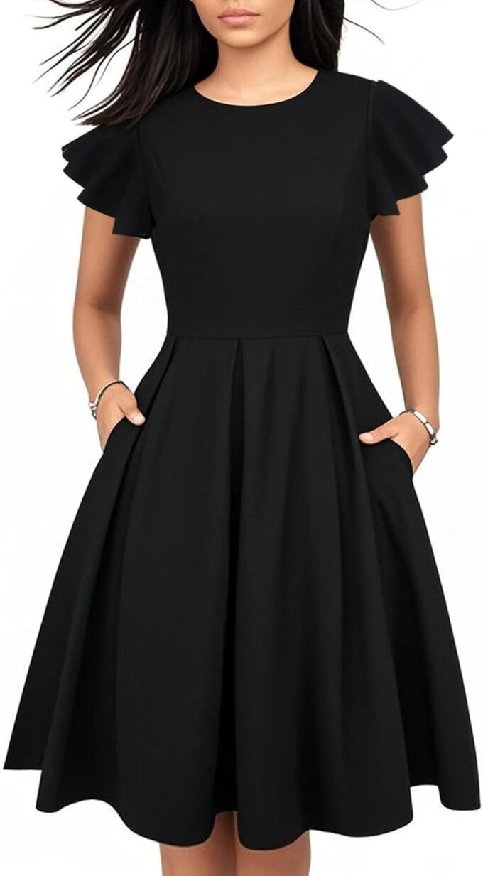 oxiuly Women's Flounce Sleeve Wedding Church Vintage Dresses Casual Floral Party Cocktail Work Dress with Pockets Fei376