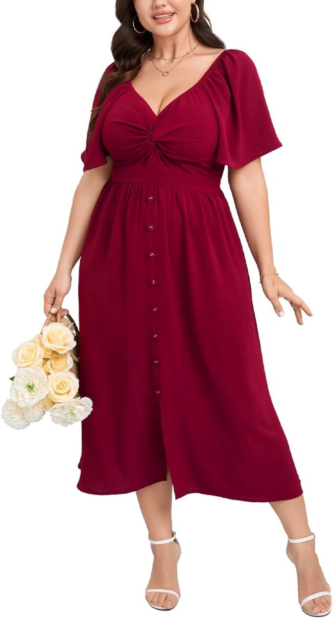 SCOMCHIC Women Plus Size Dresses Short Sleeve Sweetheart Neckline Wedding Guest Cocktail Twist Front A Line Maxi Dress