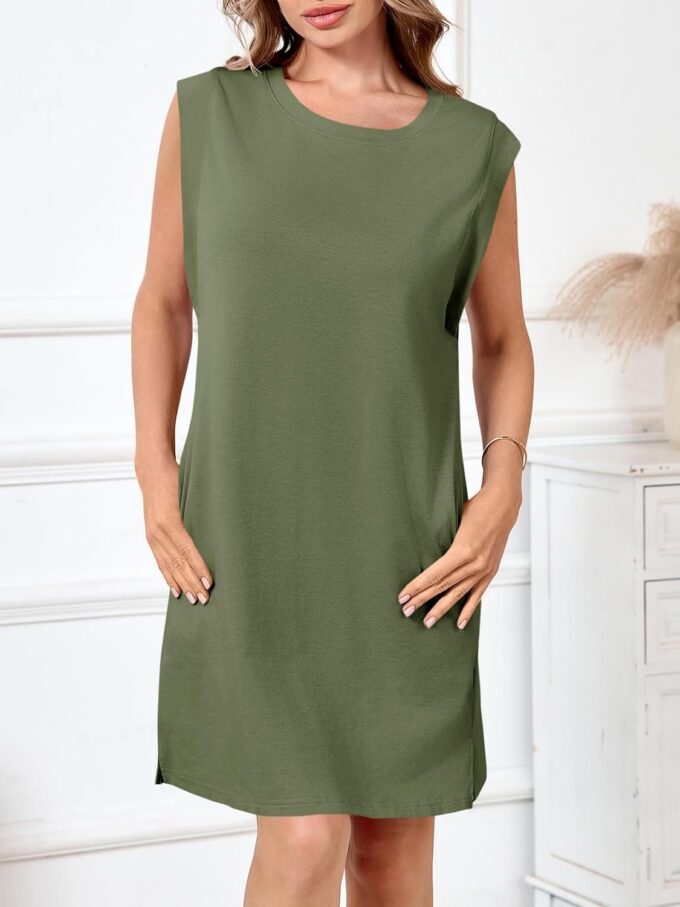 Wenrine Womens Summer Mini Dress Casual Loose Sleeveless Crewneck Slit Basic T Shirt Dresses with Pockets – Bild 2