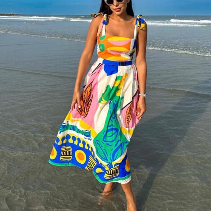 NUFIWI Women Boho Graffiti Cami Long Dress Graphic Spaghetti Strap Flowy Maxi Dress Square Neck Colorful A Line Sundress – Bild 5