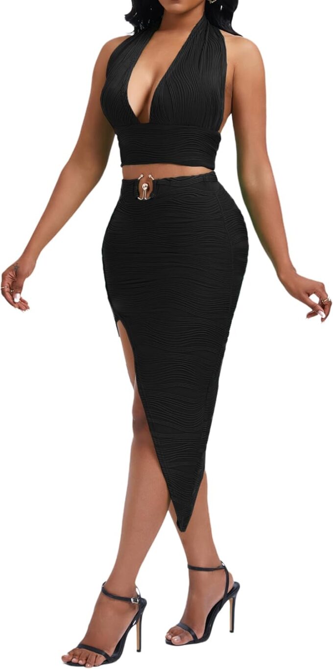 Women's Sexy Clubwear 2 Piece Set Halter Crop Top & High-Slit Bodycon Skirt for Night Out – Bild 3