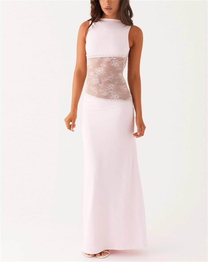 Women Sexy Hollow Out Maxi Dress Sleeveless Backless Lace Pachwork Bodycon Long Dress Y2k Going Out Party – Bild 2