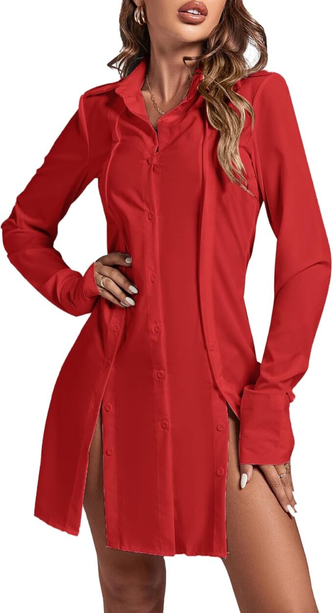 LYANER Women's Lapel Collar Buttons Down Side Slit Long Sleeve Mini Shirt Dress – Bild 3
