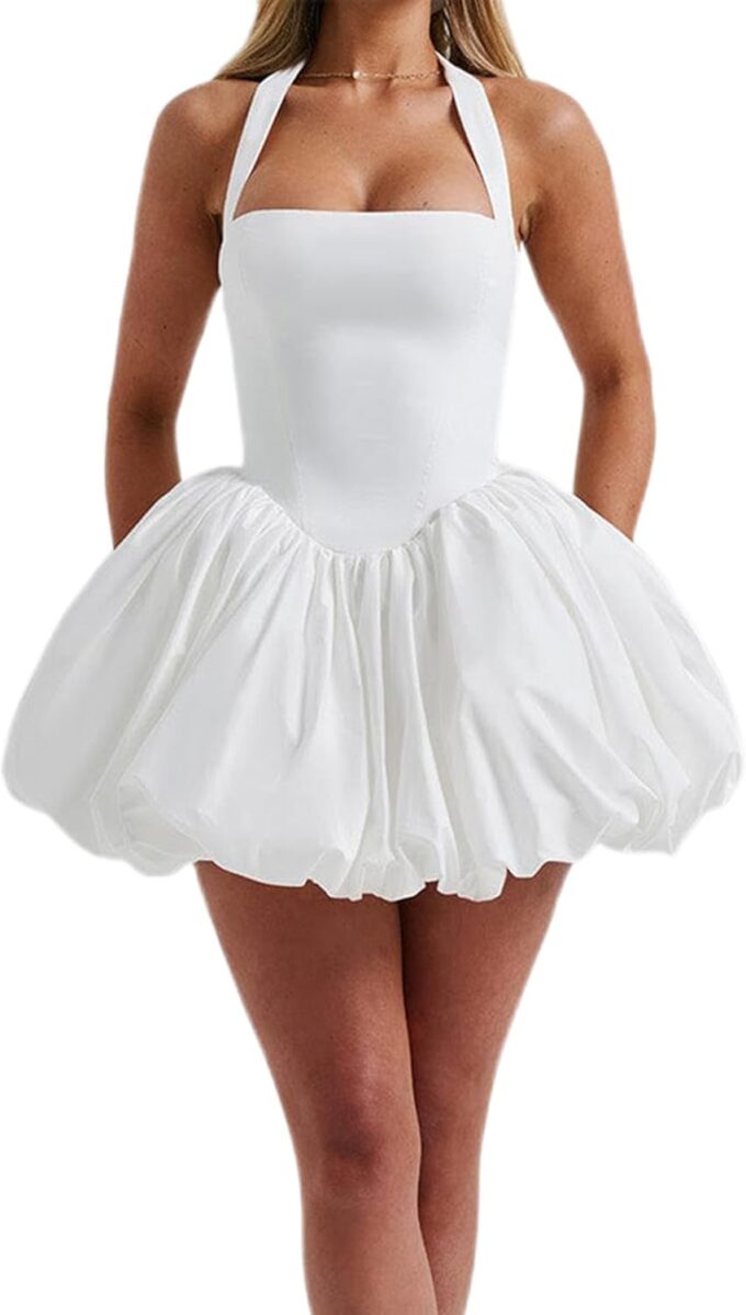 Women's Sleeveless Halter Corset Mini Dress Tie Up Backless Bubble Party Dress for Beach Club Streetwear