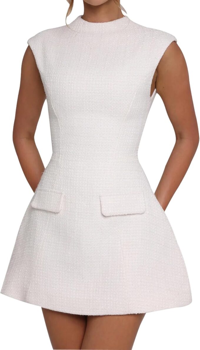 SHESEEWORLD Women's Cap Sleeve Mock Neck Sexy Cutout Backless Button Mini Dress A Line High Waist Slim Cocktail Party Dresses – Bild 2