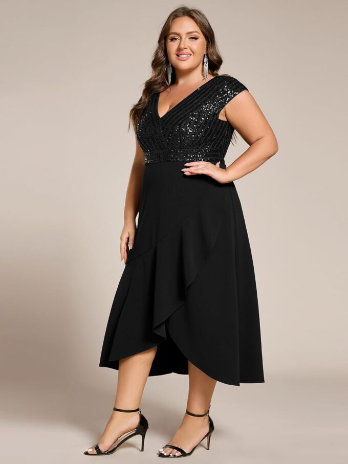 Ever-Pretty Plus Women's Summer V Neck A Line Sequin Cap Sleeves Tea Length Plus Size Formal Wedding Guest Dresses – Bild 3