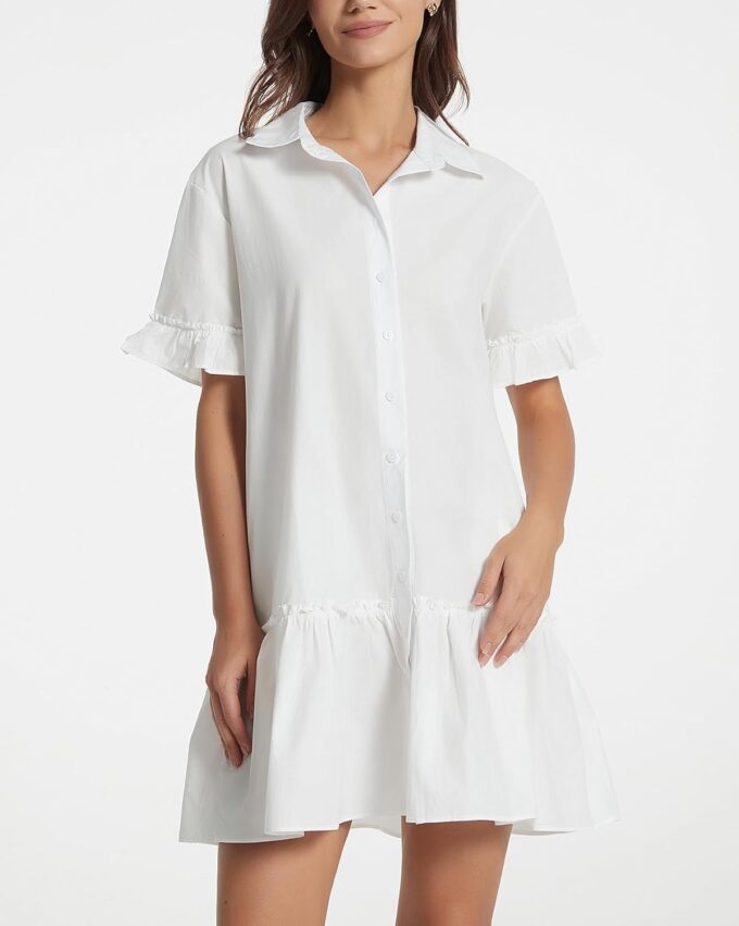 Women's Cotton Linen Ruffle Mini Dress Short Sleeve Button Down Drop Waist Tunic Shirt Dress – Bild 3
