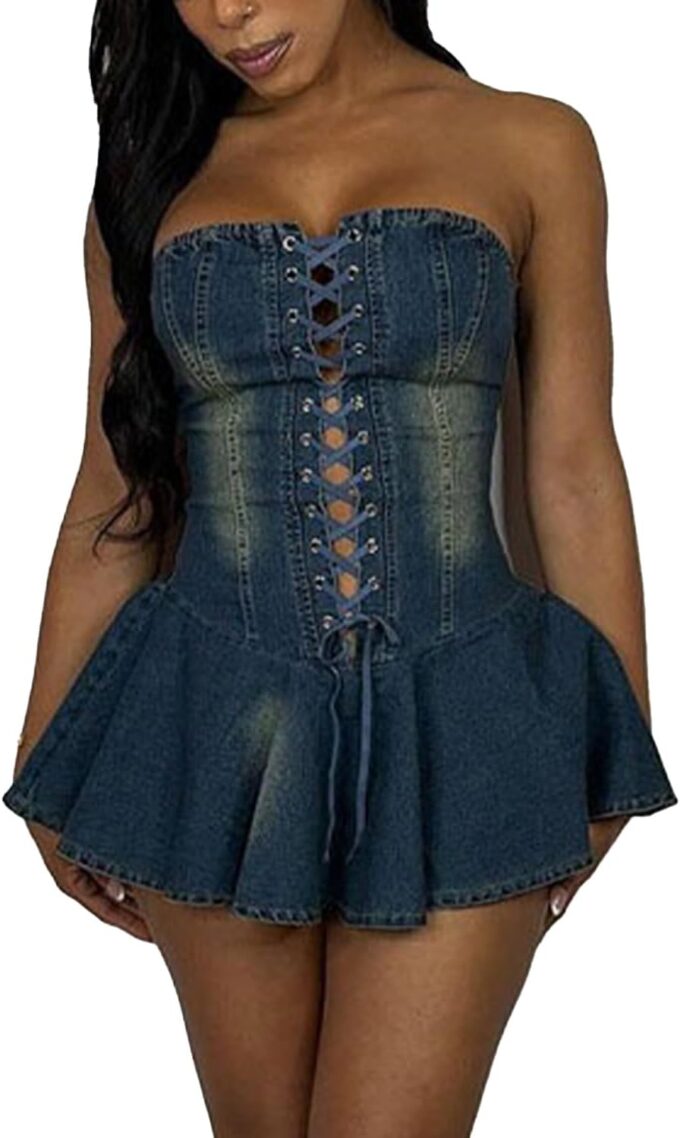 Sexy Tube Denim Dress Corset Strapless Ruffled Hem Jean Mini Dress – Bild 3