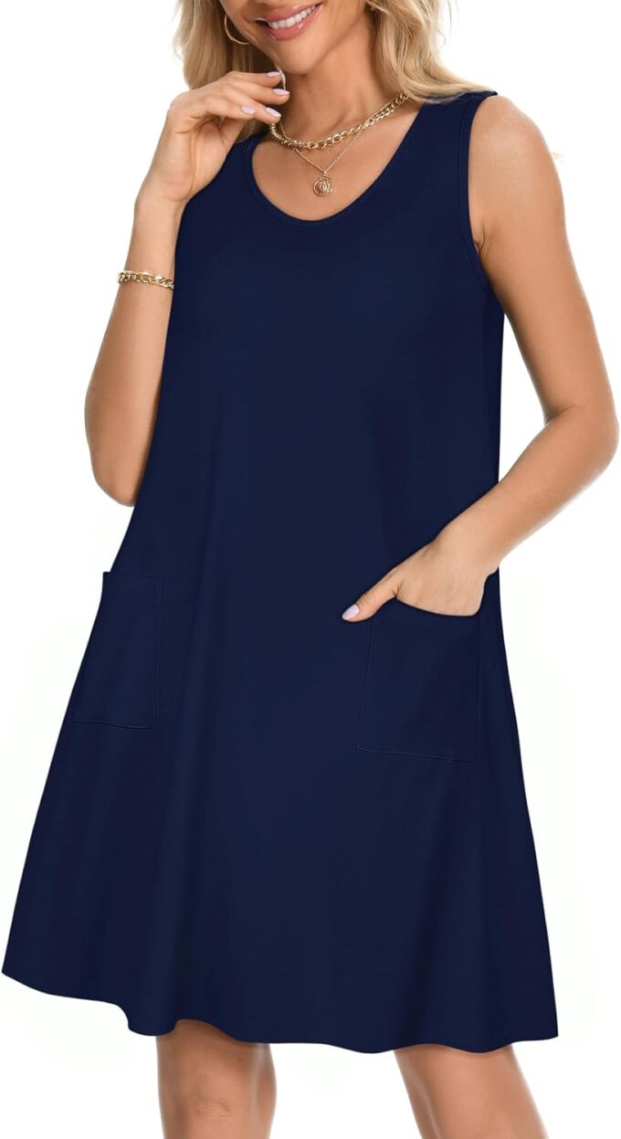 elescat Womens Summer Dresses Casual V Neck Sleeveless Pockets Beach Loose Tank Sundress – Bild 4