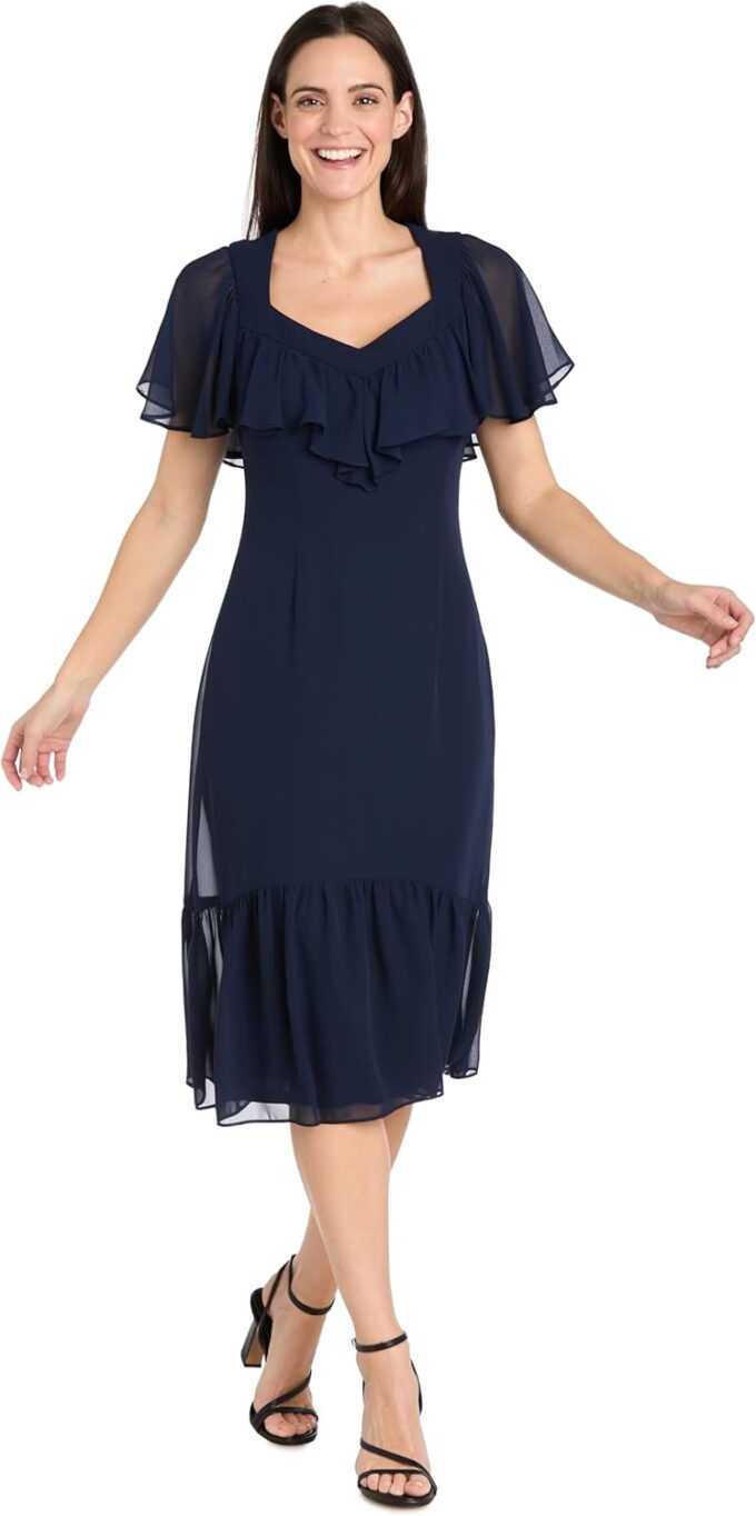 Elegant Midi Chiffon Dress W/Ruffle Top & Chiffon Capelet