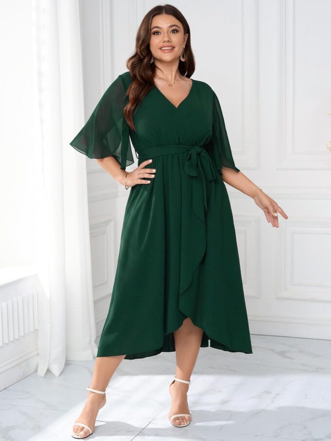 Womens Plus Size Wedding Guest Cocktail Dress Wrap V Neck Flutter Sleeve High Low Hem A-Line Midi Dresses – Bild 2