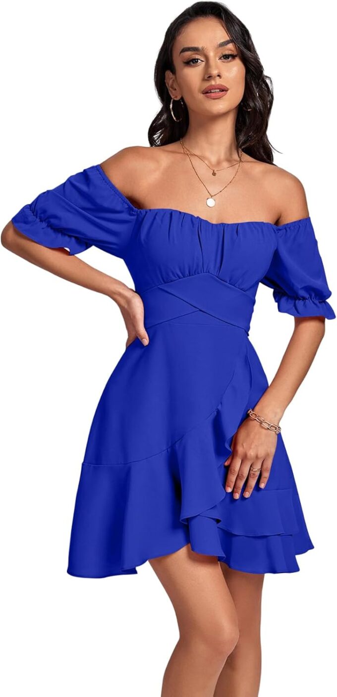 LYANER Women's Square Neck Ruffle Wrap Mini Dress Off Shoulder Flounce Short Sleeve A Line Flowy Dress – Bild 4